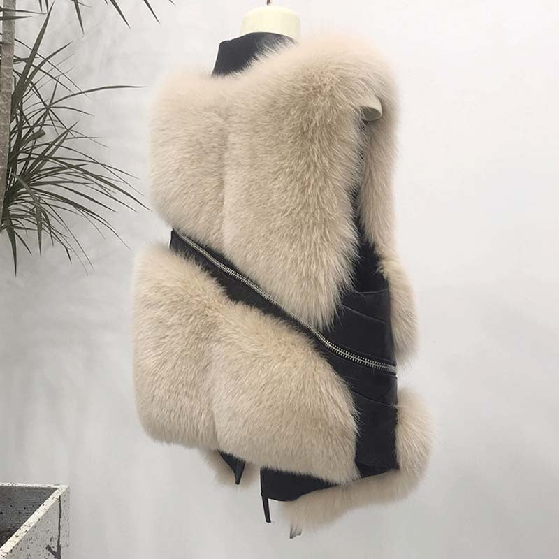 Autumn Winter Fox Fur Vest Turndown Collar Zipper Short Patchwork Faux Fur Fashion Sleeveless Coat 11
