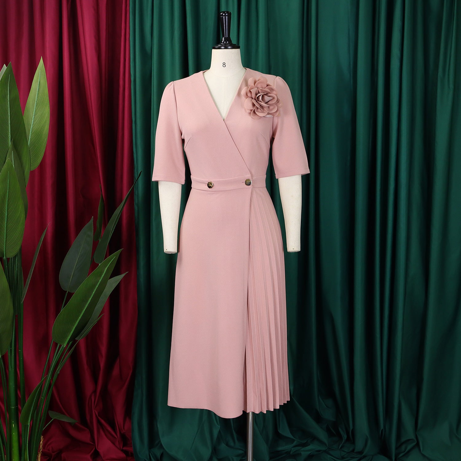 Women's Summer V-Neck Fashion Short Sleeve Solid Color Elegant Pleated African Dress 24