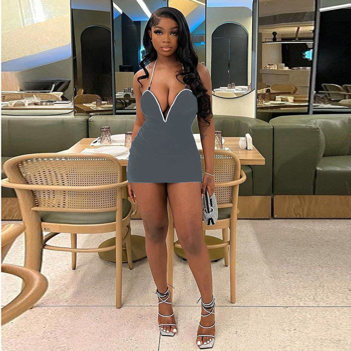 Women Summer Contrast Color V Neck Suspender Dress 10