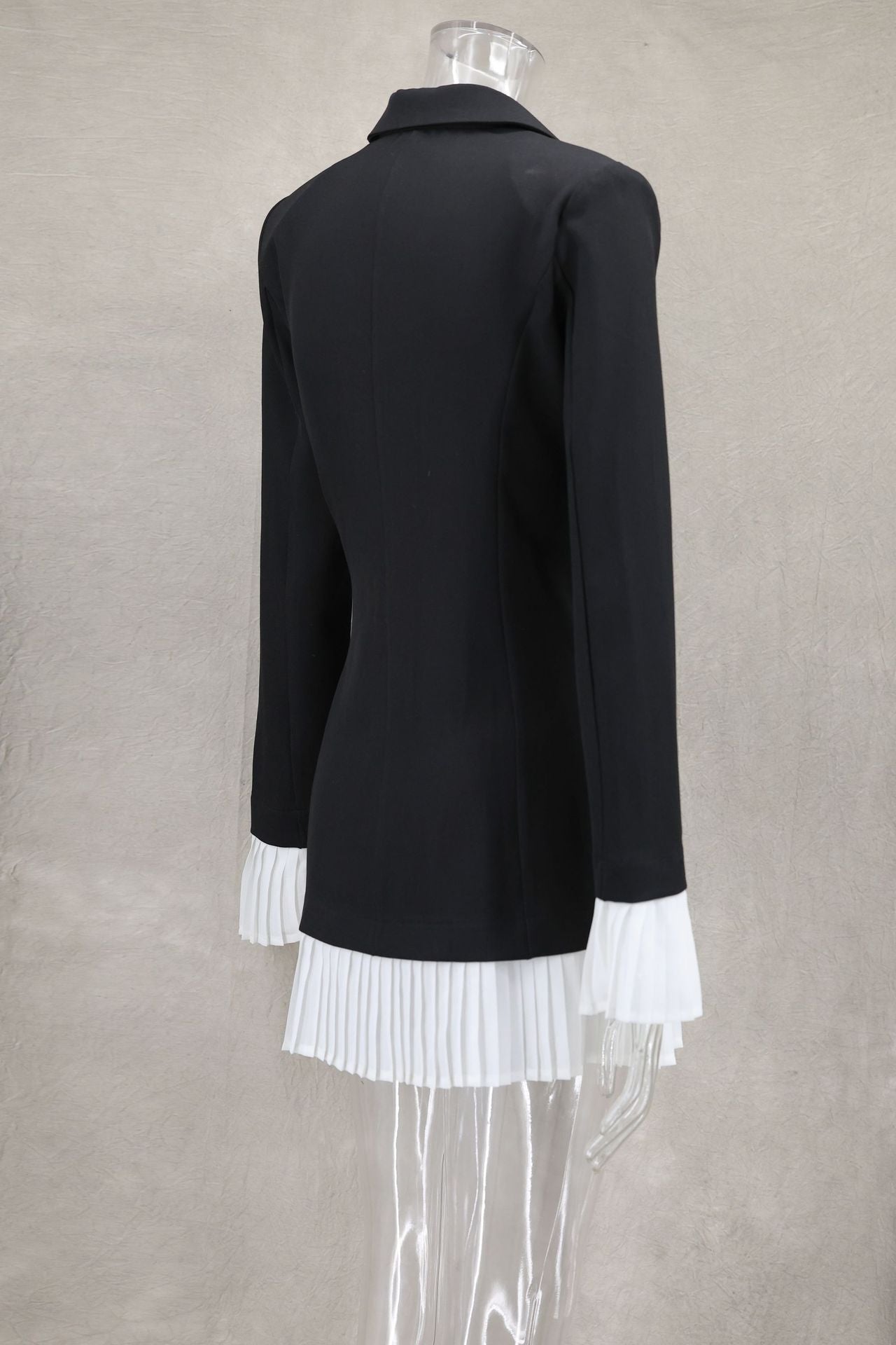 Women Spring and Summer Black and White Contrast Pleated Ruffle Blazer Dress 9