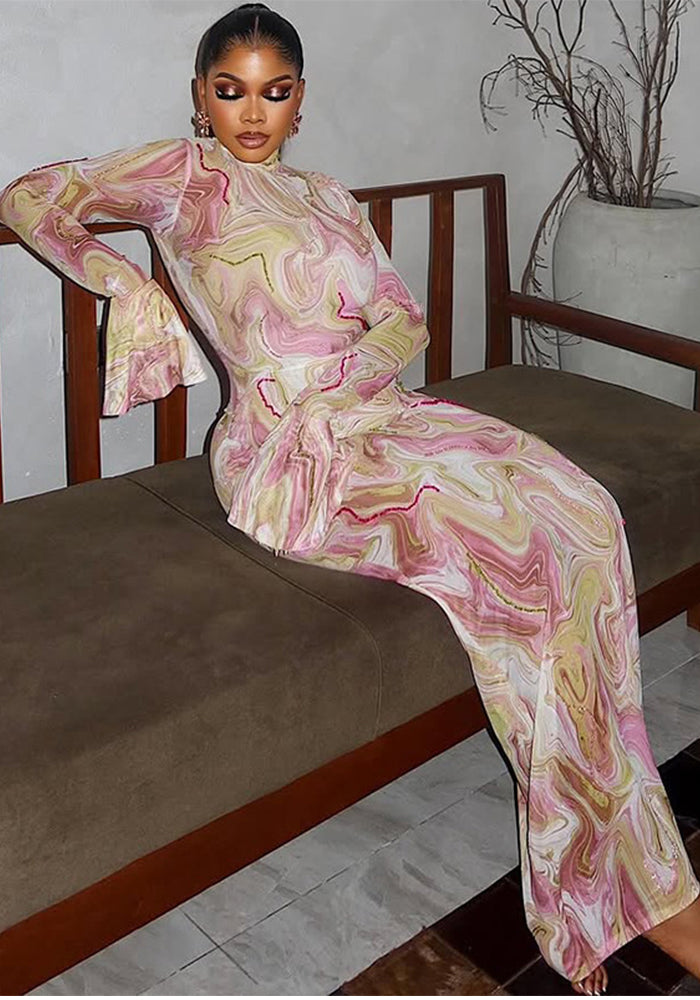 Women's Chic Print Stand Collar Long Sleeve Long Dress