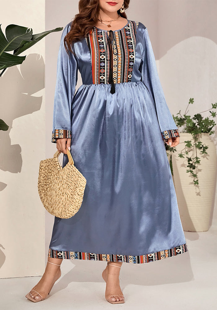 Plus Size Women's Chic Print Round Neck Long Sleeve Long Dress