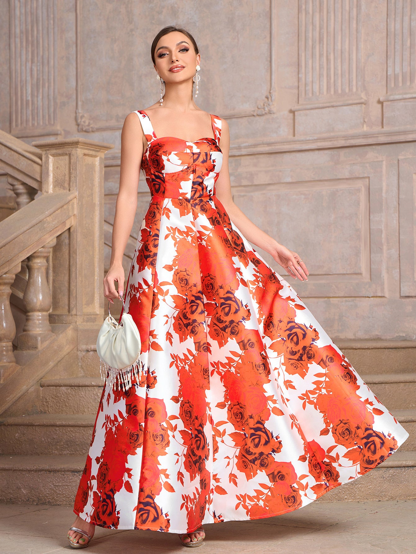 Women red square neck printed dinner dress 4