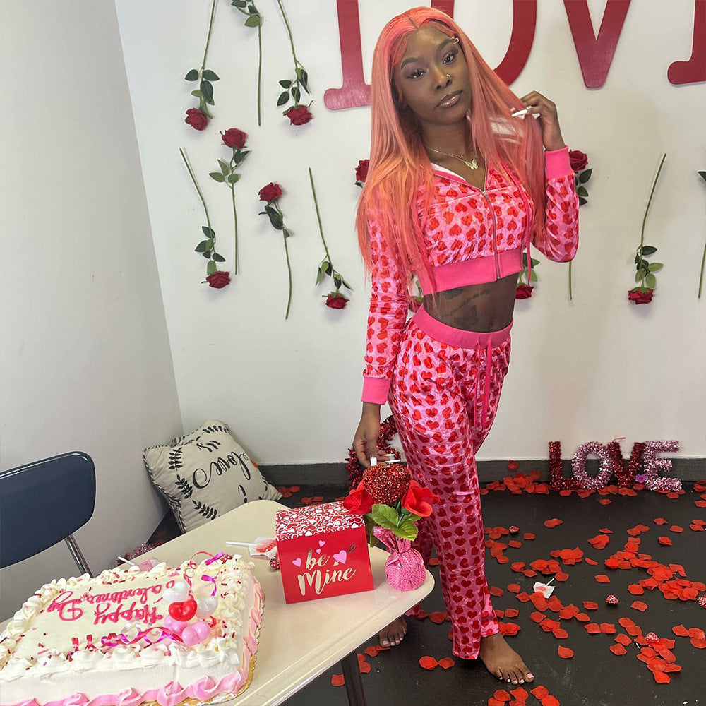 Women Sexy Hooded Printed Zipper Crop Top and Pants Two-piece Set 5