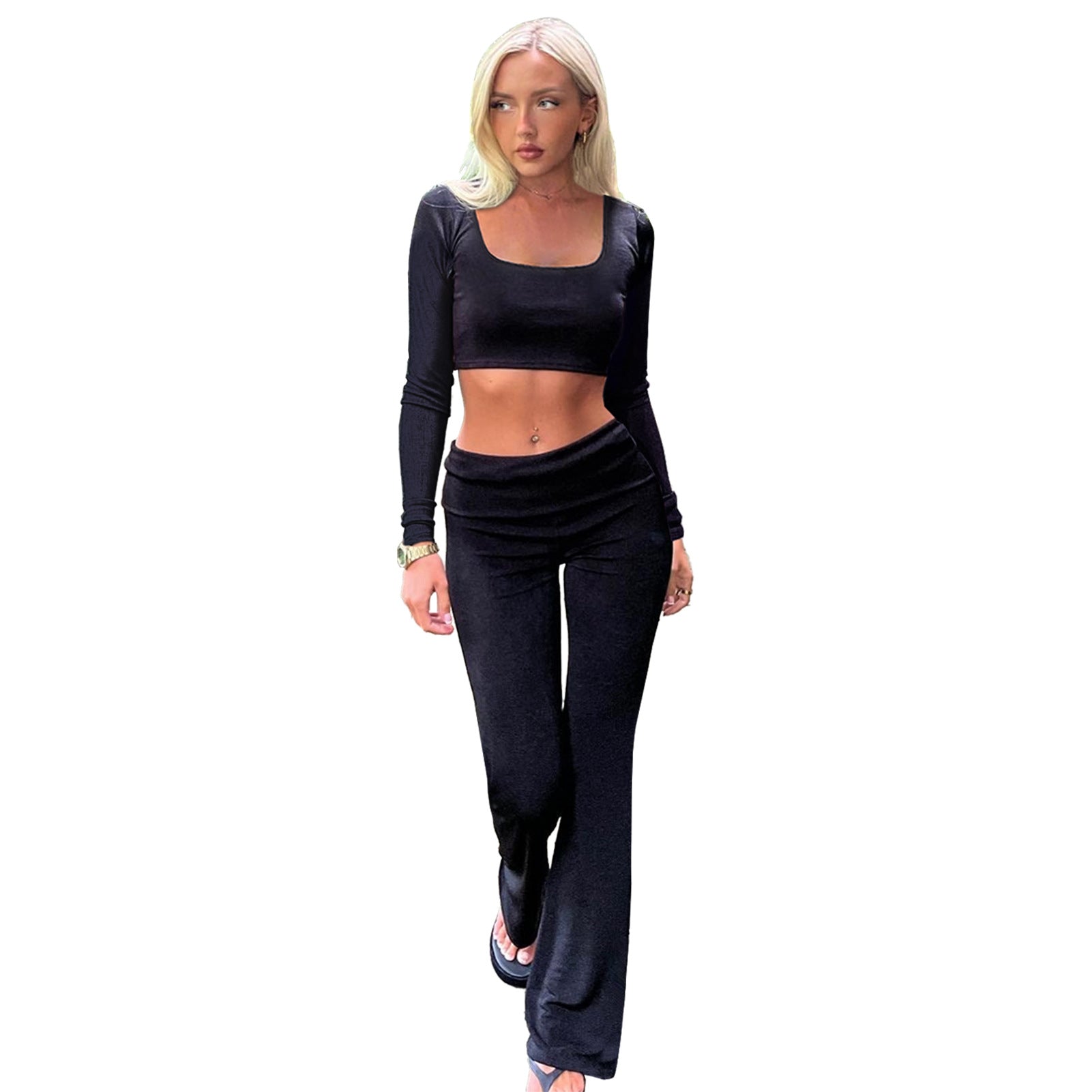 Women's Fashion Solid Color Square Neck Top Low-Waist Bell Bottom Pants Set 10