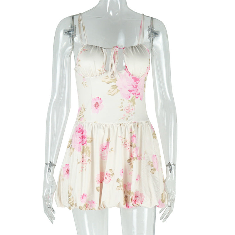 Women Summer Chic Fashion Print High Waist Short Strap A-Line Dress 8