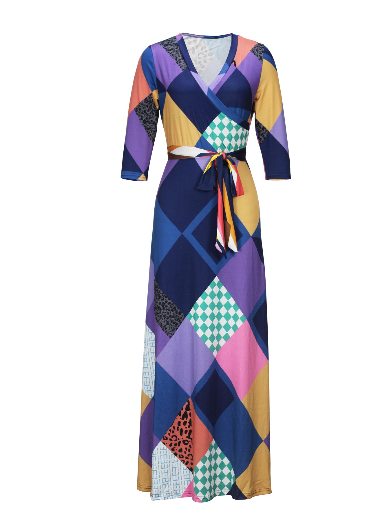 Spring & Autumn Women's Fashion Elegant Wrap V-Neck Half-Sleeve Print Belt Maxi Dress 104