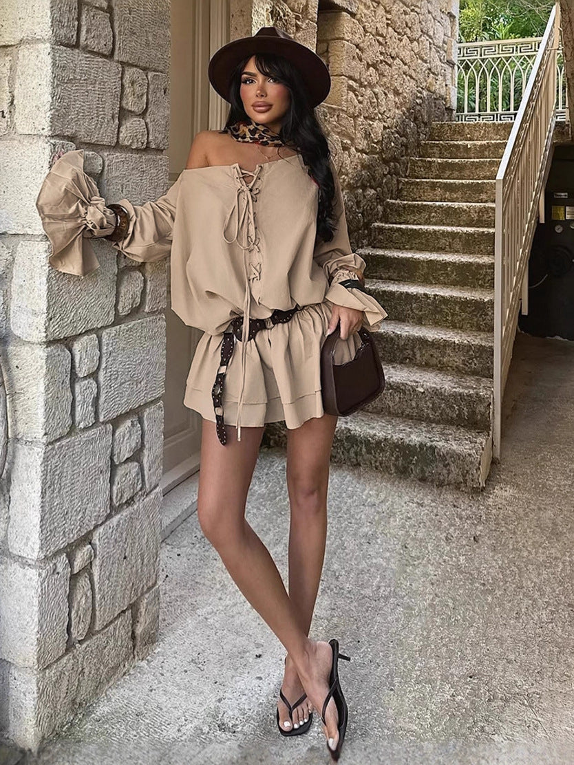 Women's Autumn Sexy Solid Color Off Shoulder Low Back Loose Lace-up Belt Bell Sleeve Dress 5