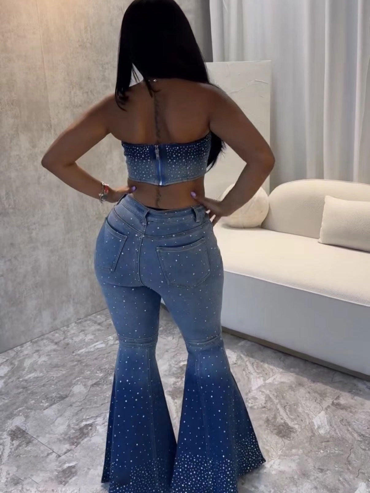 Women Beaded Denim Strapless Crop Backless Top and Bell Bottom trousers two-piece set