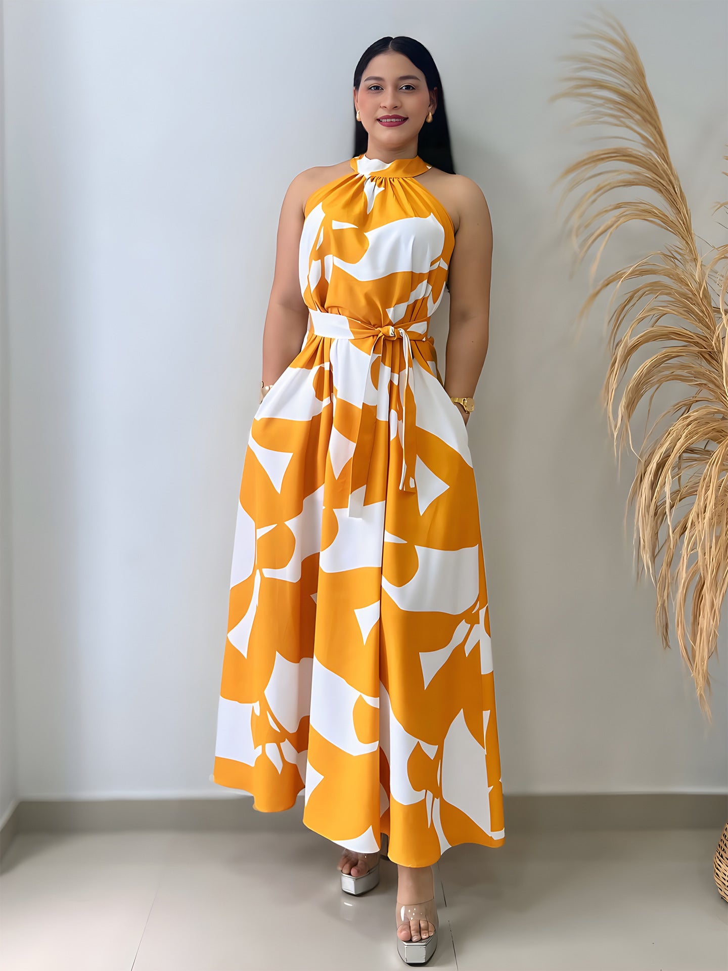 Women Print Halter Neck Summer Elegant Dress 3