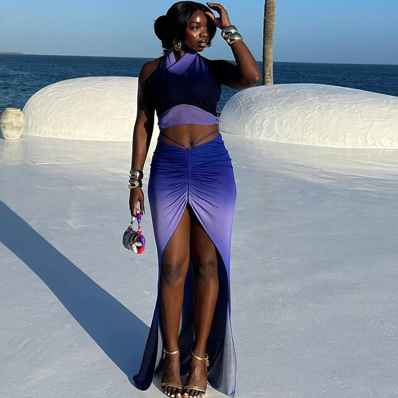 Women's Fashion Printed Sexy Sleeveless Low Back Vest Split Skirt Two-Piece Set 3