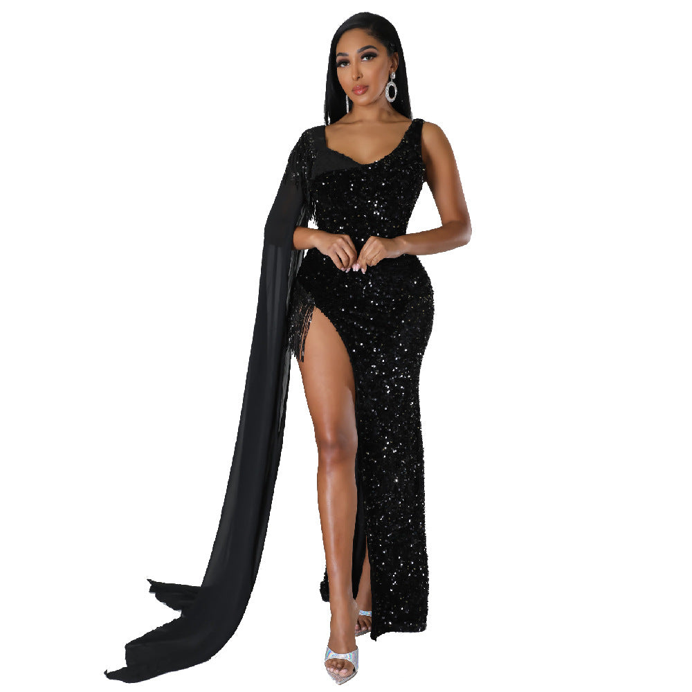 Women Sexy Sequin Tassel Long Dress Evening Dress 6