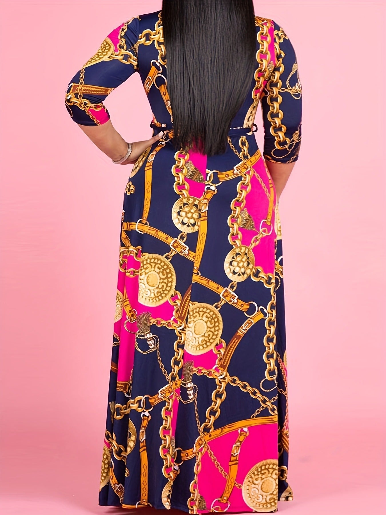 Plus Size Sexy Printed Wrap V-Neck Maxi Dress