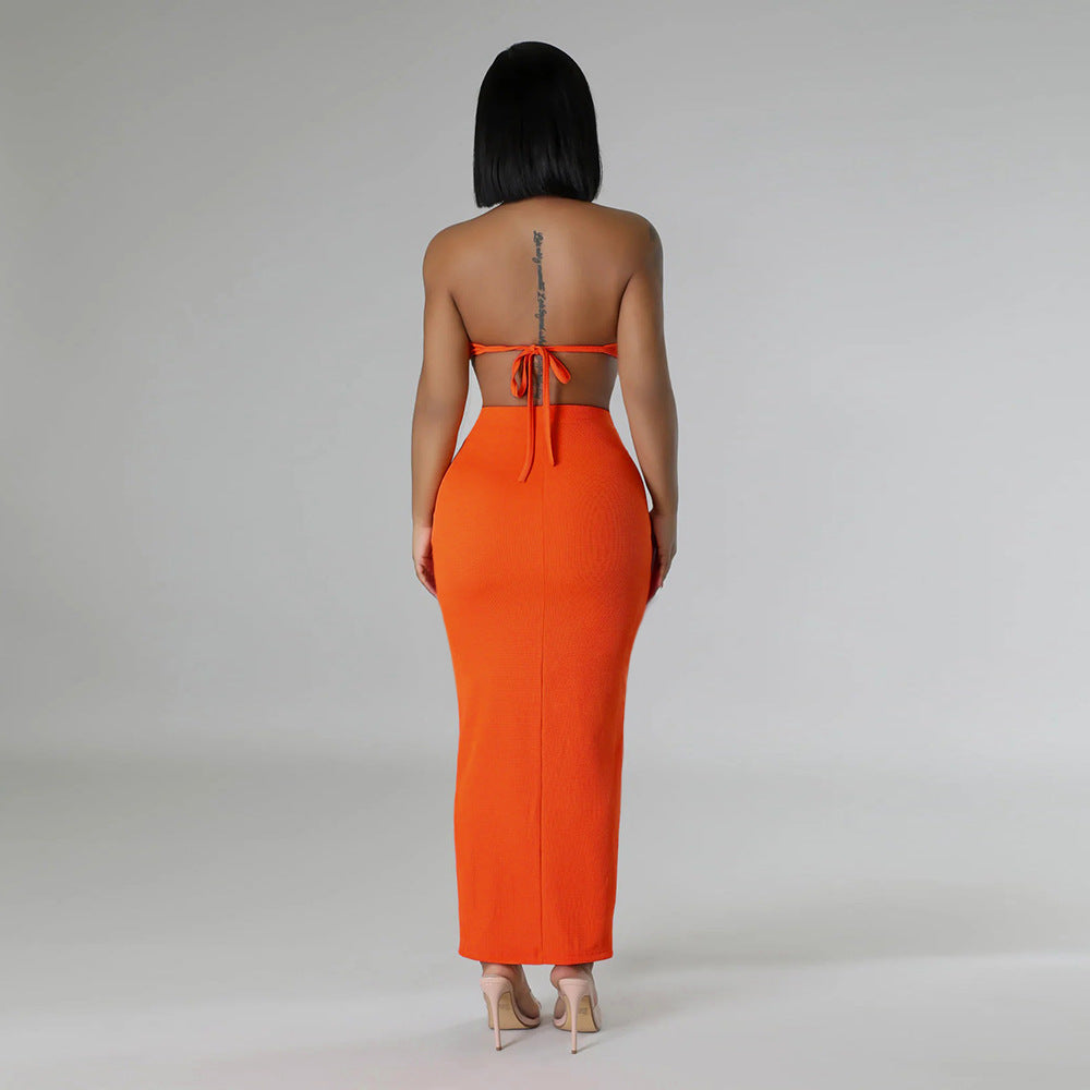 Fashion casual summer solid color sleeveless halter backless two piece skirt set 14