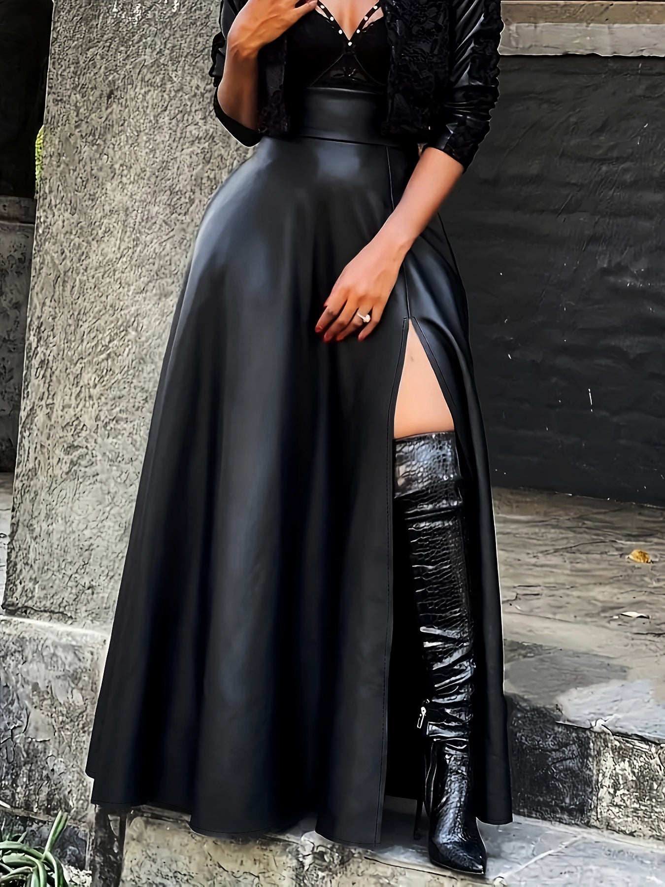 Women's Fashion Elegant High Side Slit A-Line Plus Size Long Leather Skirt