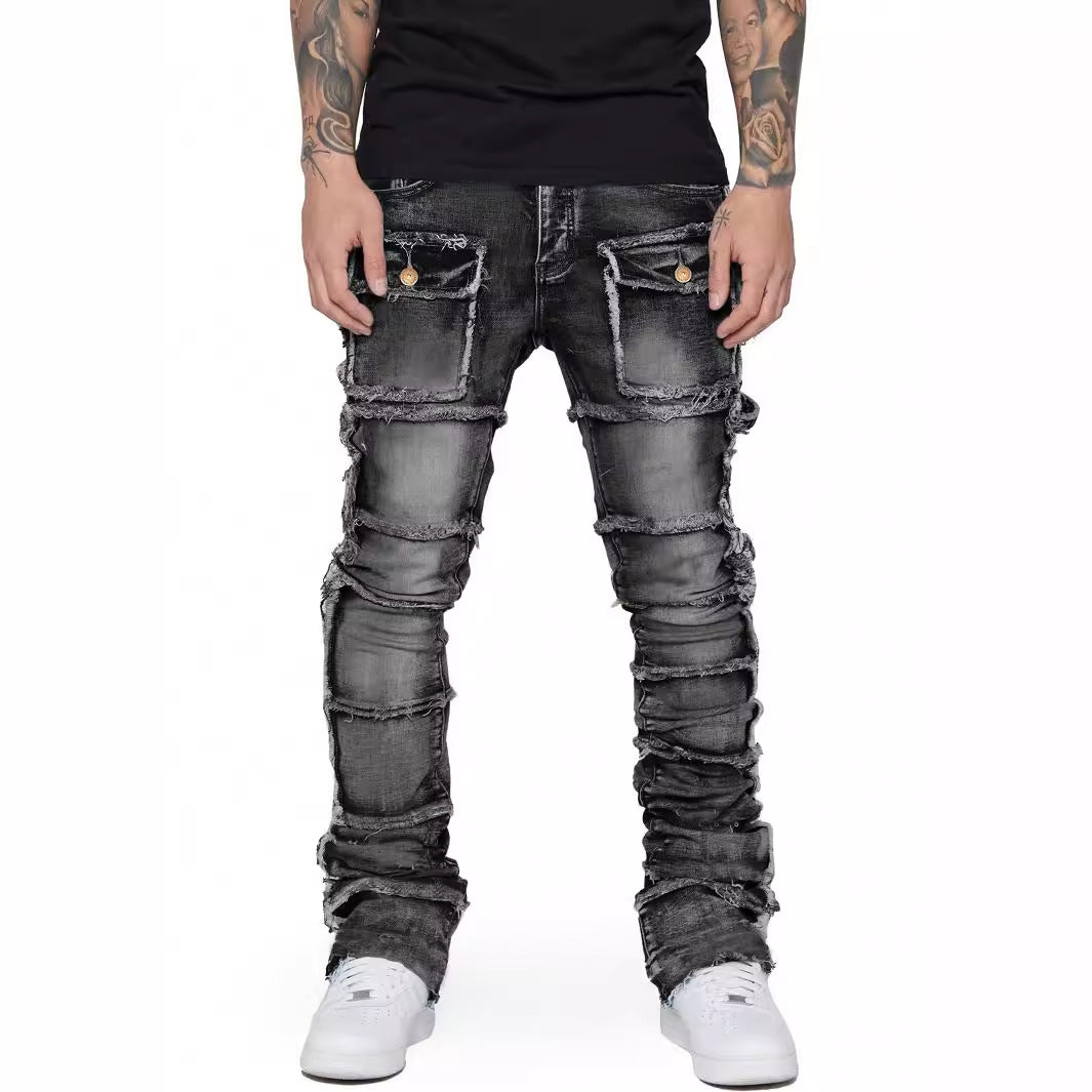 Men's Elastic Patch Denim Cargo Straight Pants 10