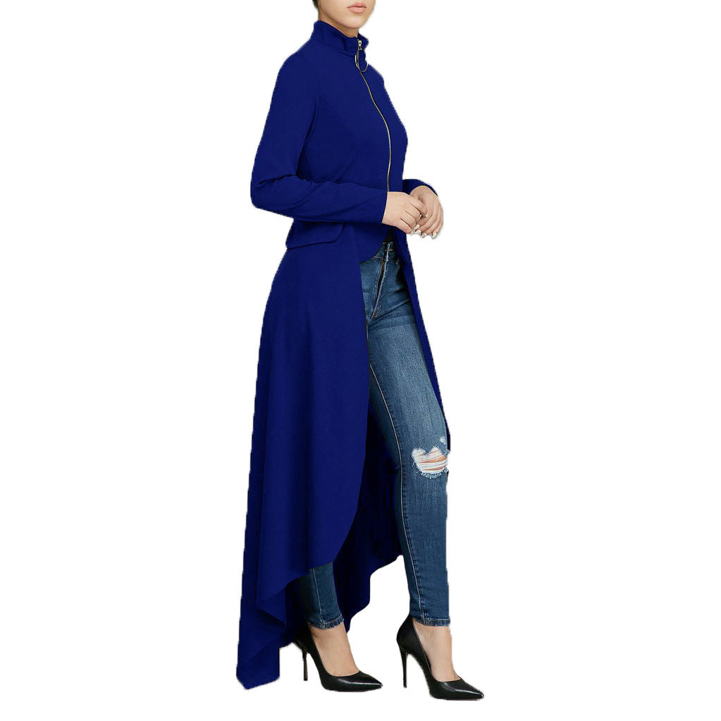 Spring Long-Sleeved High-Neck Slim Zipper Irregular Long Dress 62