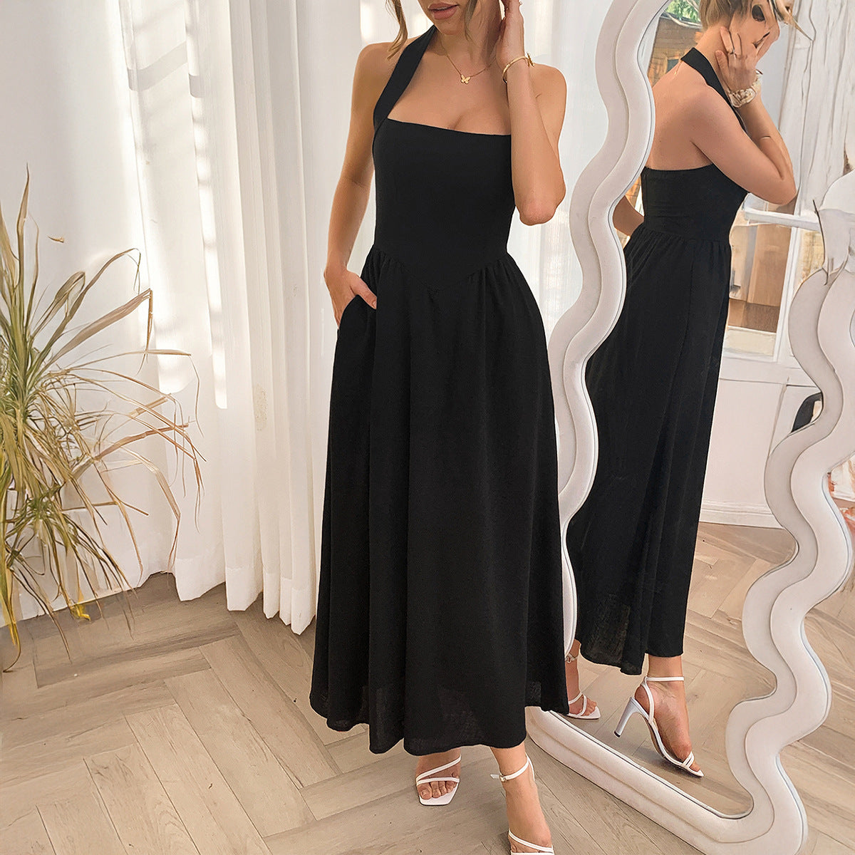 Women Elegant Holidays Halter Neck Waist Dress 8