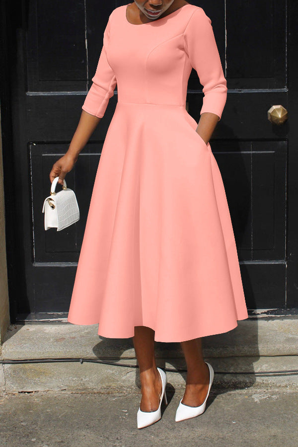 Ladies Spring Solid Color U-Neck Pocket Swing Dress