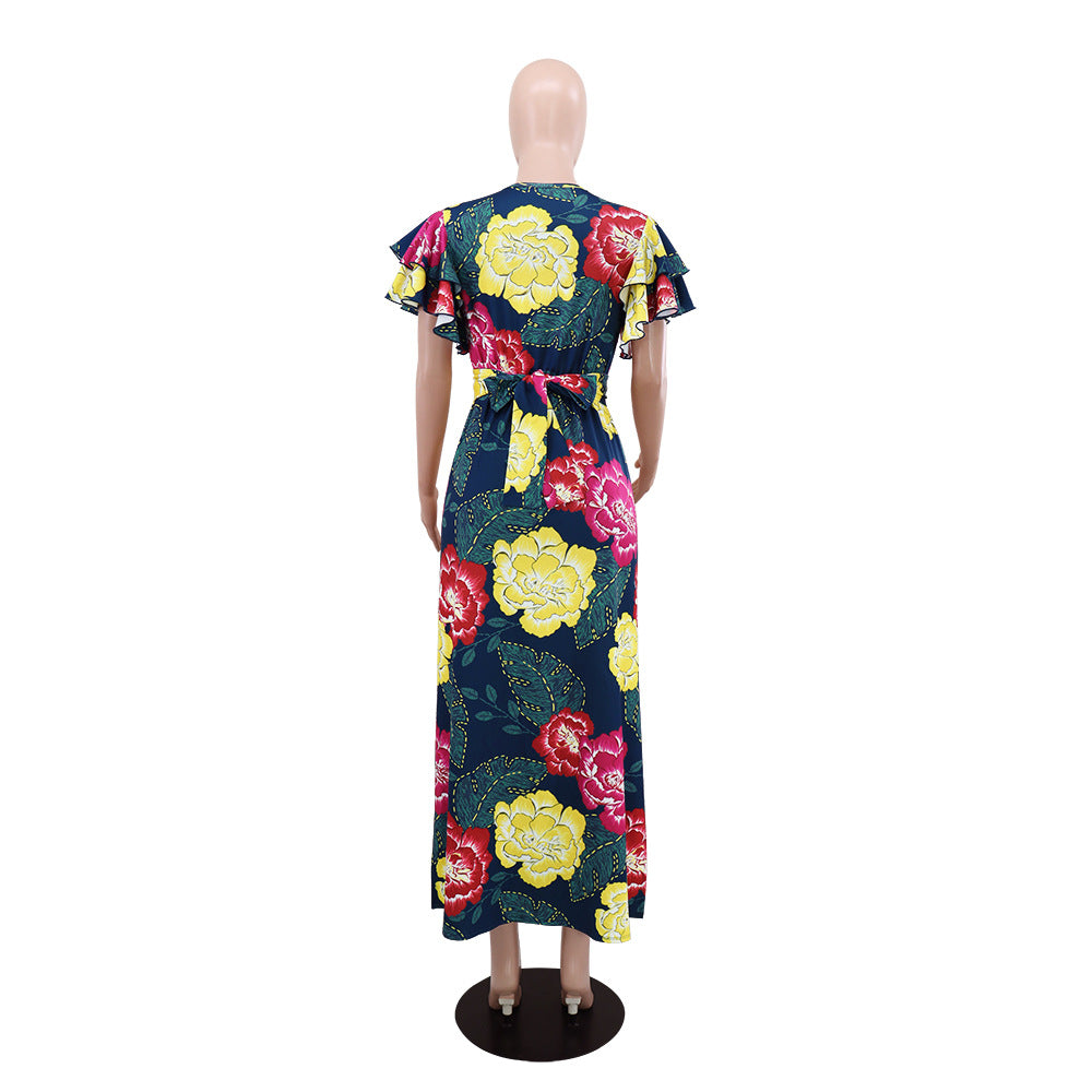 Chic Flower Print Ruffle Short Sleeve High Waist Belt Side Slit Long Dress