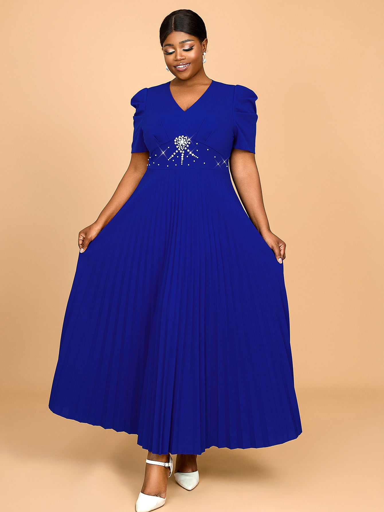 Women Elegant Spring and Summer Prom Formal Party Pleated Beaded Dress 5