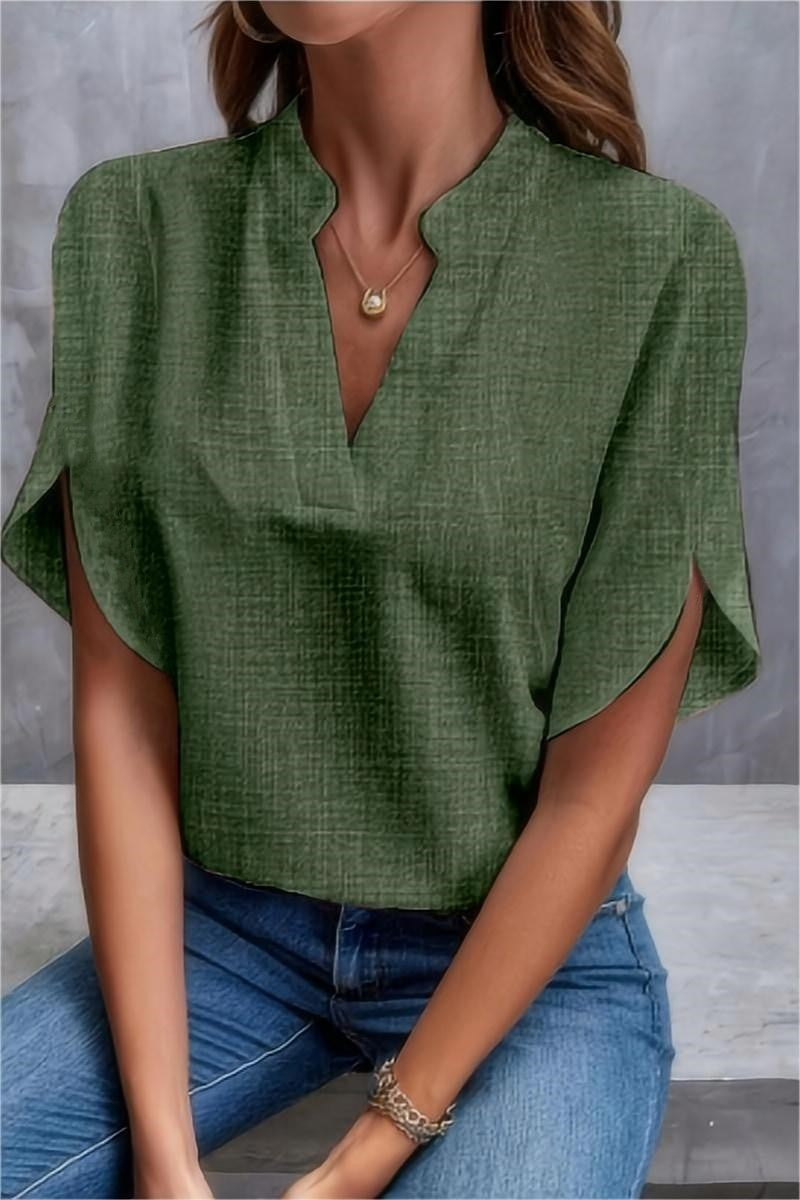 Women Summer Solid V-Neck Off-Shoulder Loose Shirt 4
