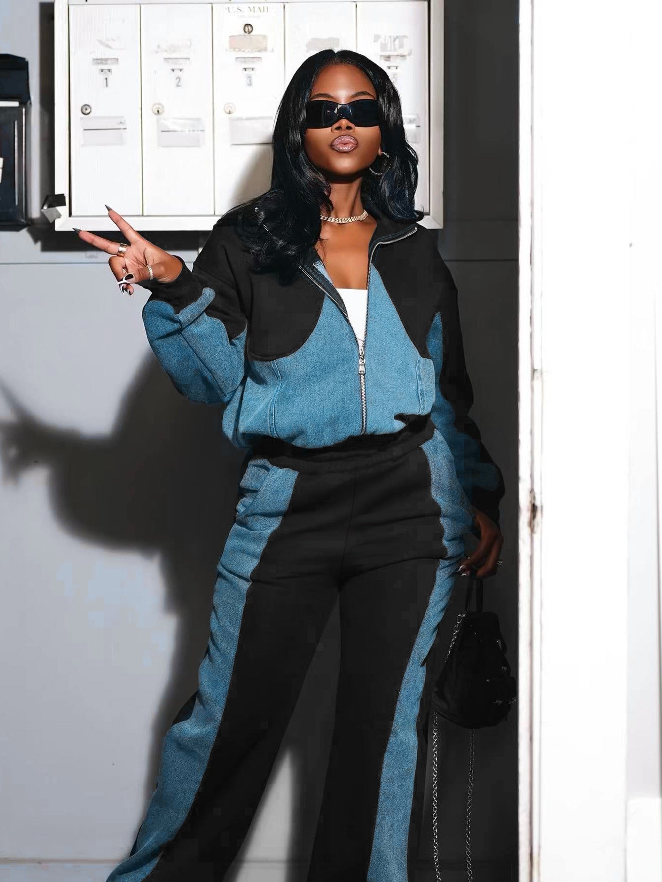 Women Fall/Winter Denim Patchwork Jacket Trousers Two Piece Set 8