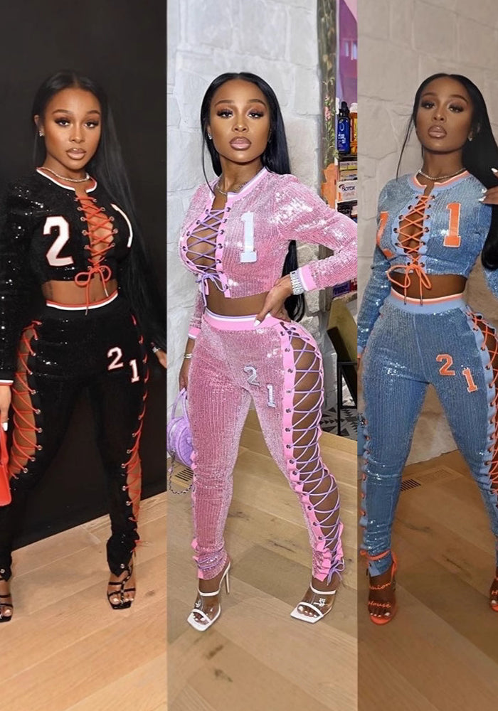 Women Digital Sexy Lace-Up Cut Out Long Sleeve Top and Pants Two-piece Set