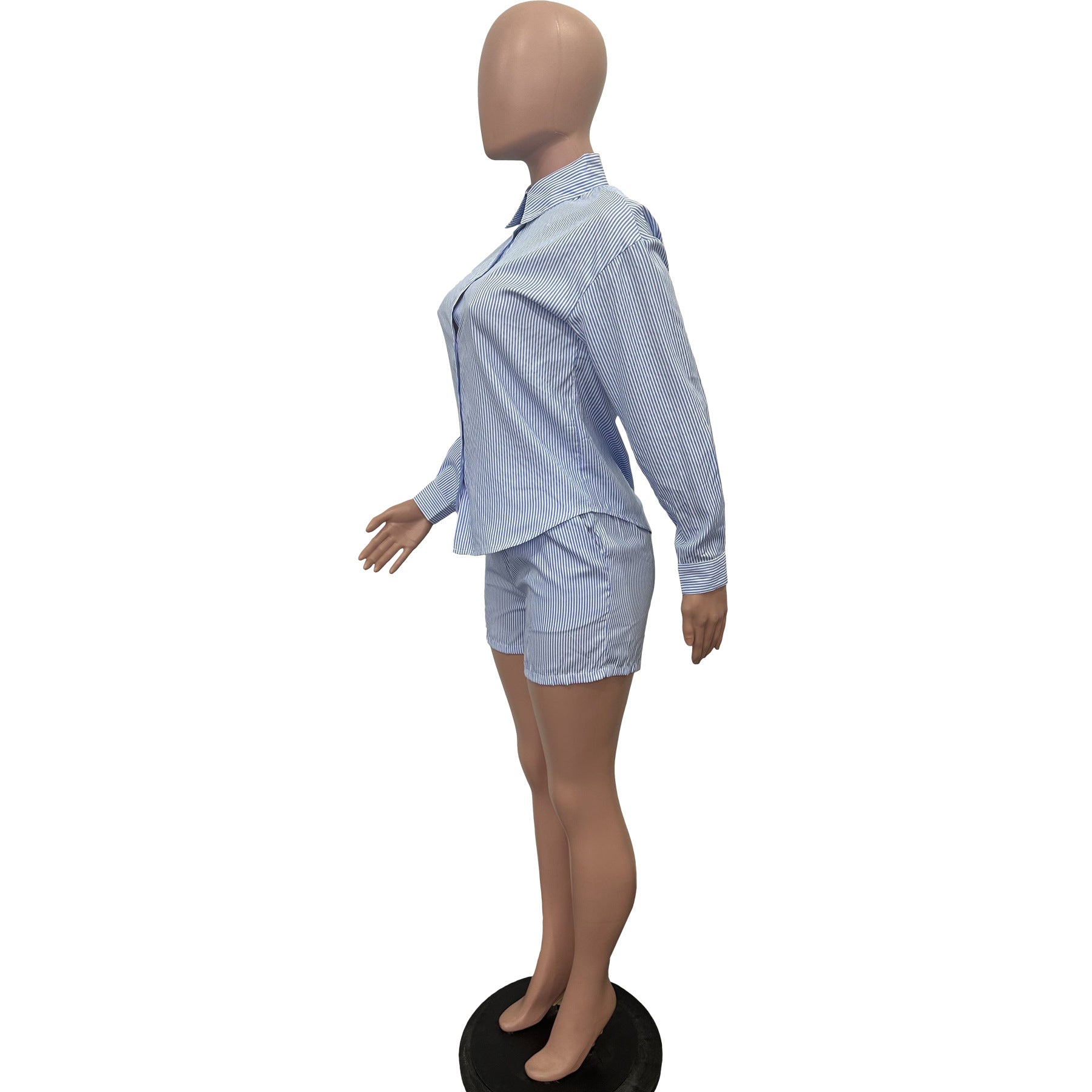 Women's Spring Summer Fashion Casual Striped Button Turndown Collar Shirt Shorts Two-Piece Set 12