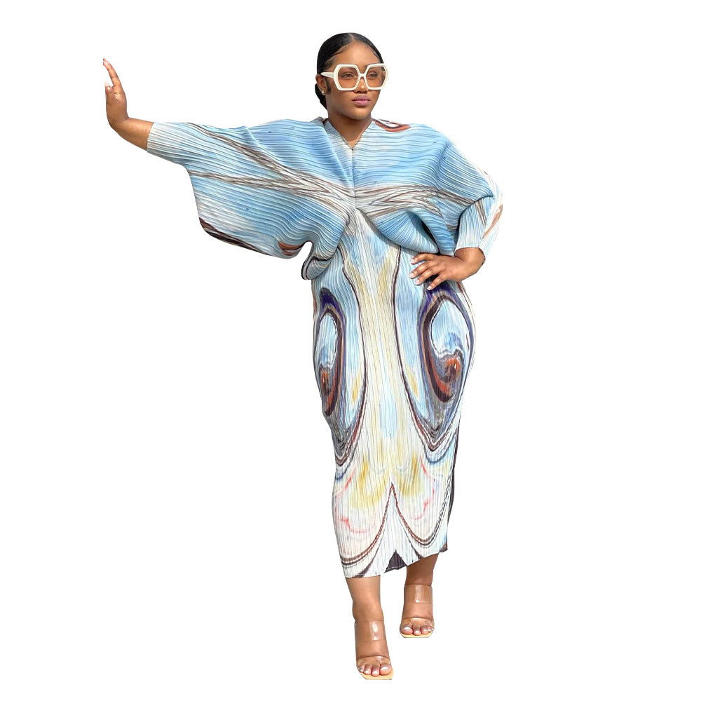 Women'S Fall V-Neck Bat Sleeves Print Dress 20