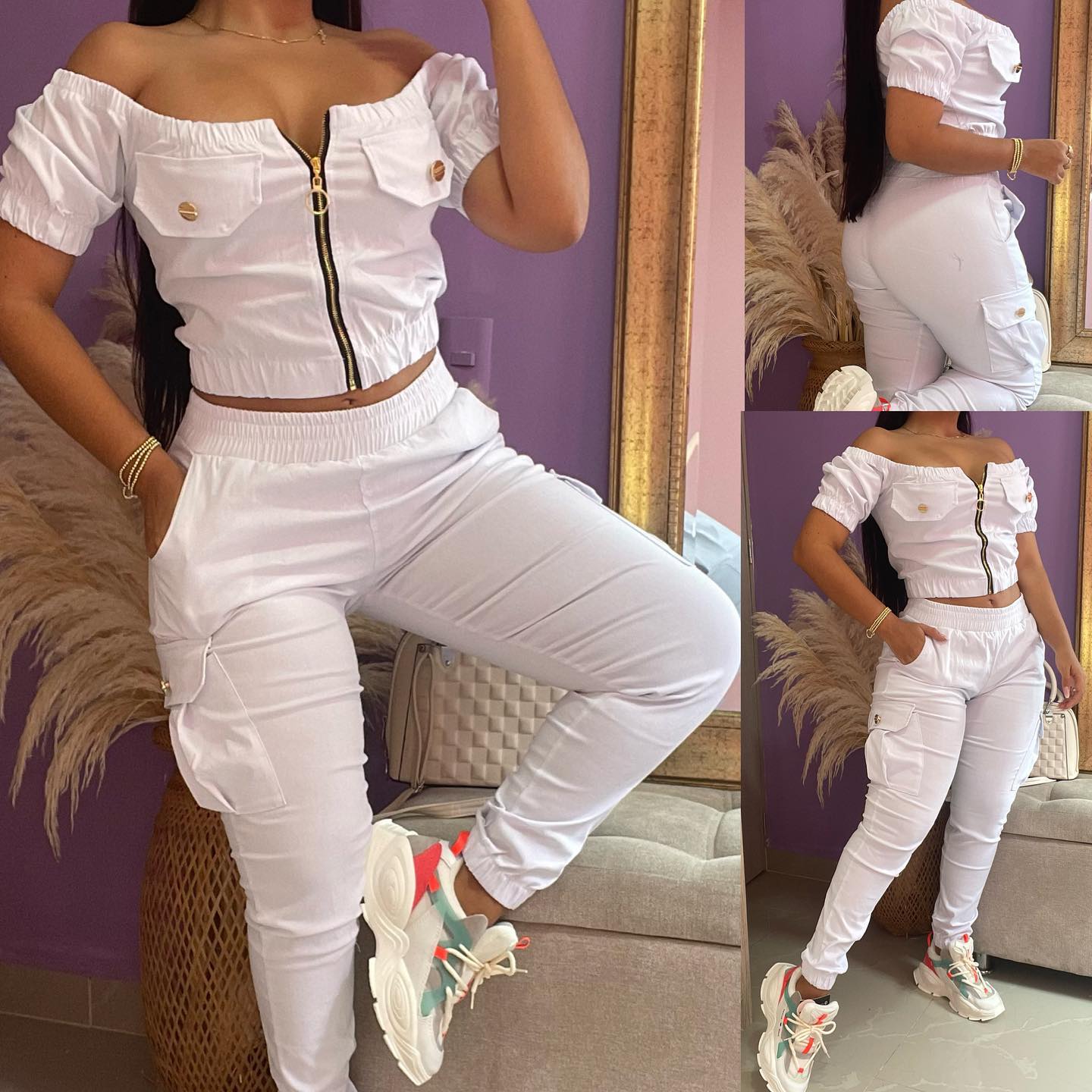 Women white Off Shoulder short-sleeved patch pocket Top and trousers two-piece set 4