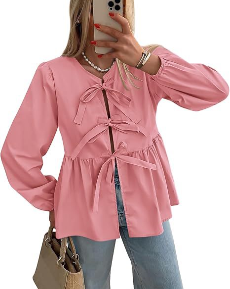 Women Fall Casual Lace-Up Top Lace-Up Shirt 6