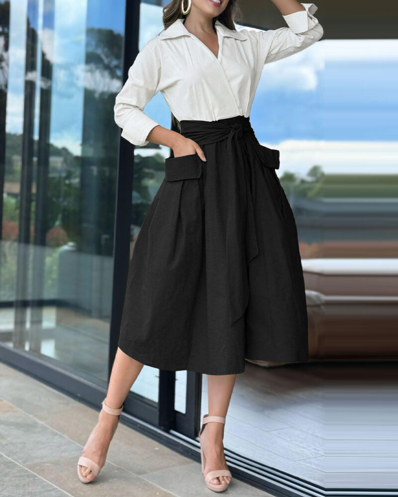 Fashion Contrast Color Slim Waist Large Pocket A-Line Dress 3