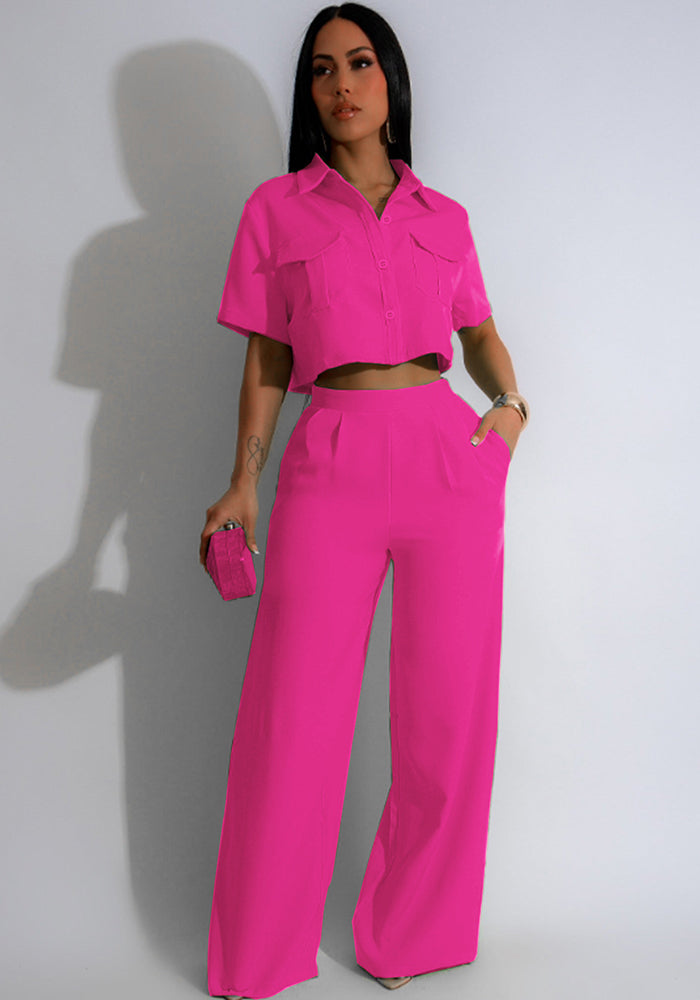 Women's Summer Fashion Turndown Collar Short Sleeve High Waisted Wide Leg Two Piece Pants Set