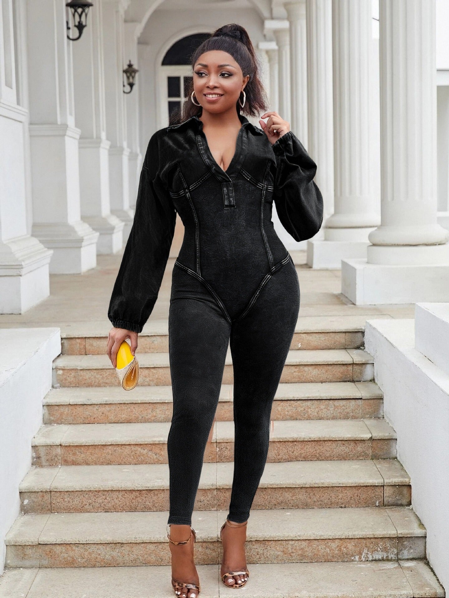 Plus Size Fashion Women Denim Washed Sexy Deep V Tight Fitting Long Sleeve Jumpsuit 11