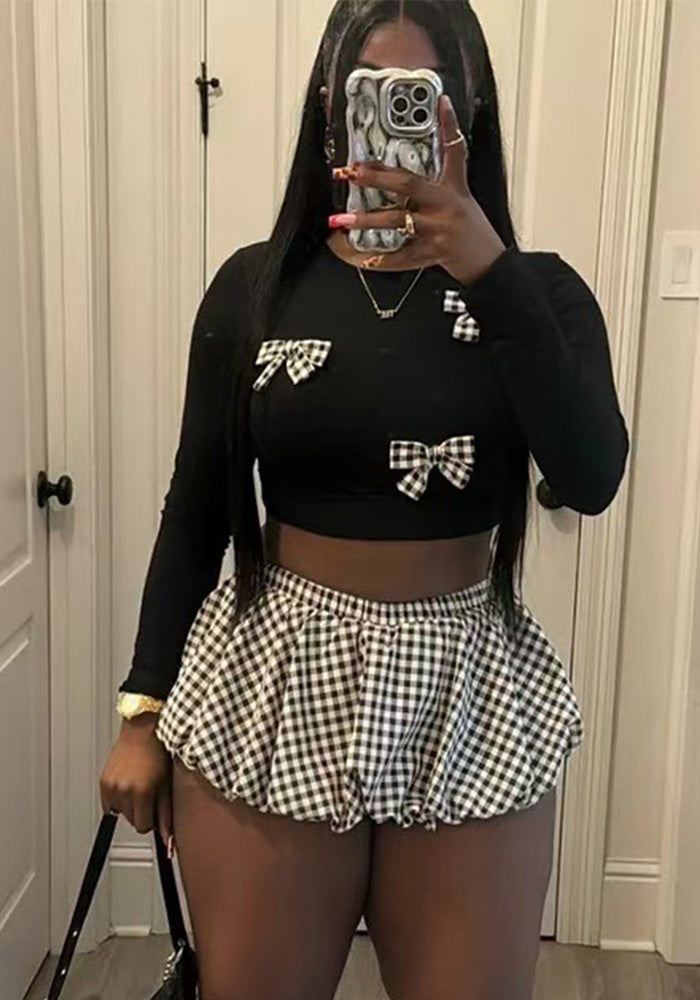 Bow Knot Long Sleeve Crop Top Shorts Two Piece Set