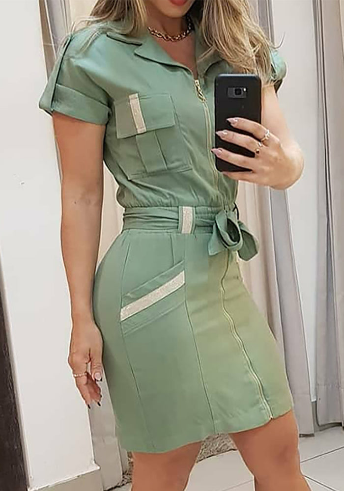 Women Green Lace-up Zipper Shirt Dress