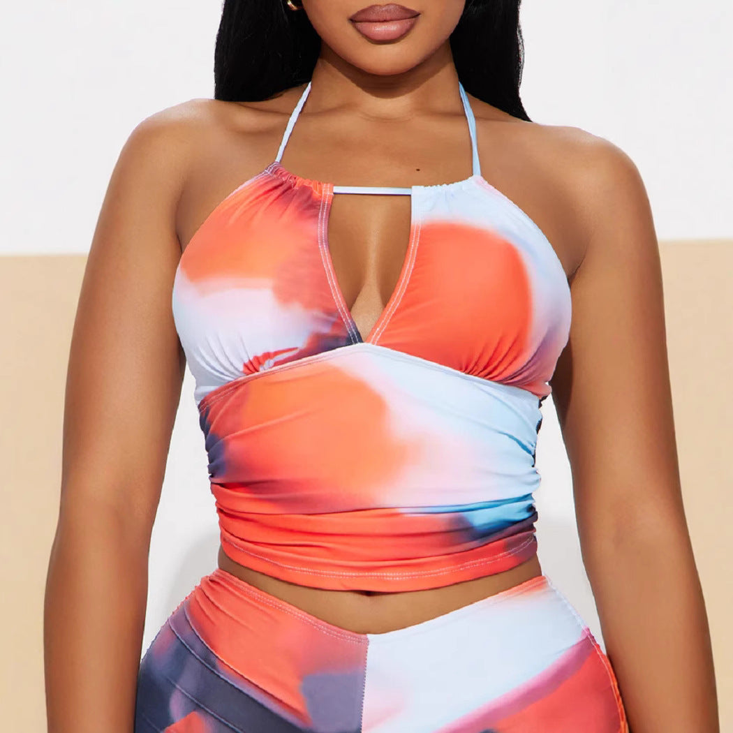 women's print Halter Neck two piece shorts set 4