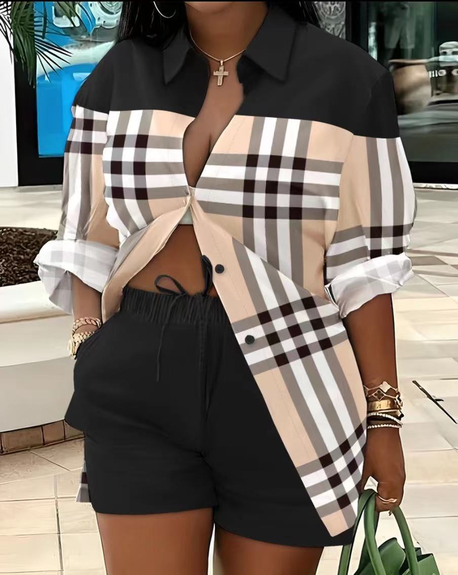 Women's Long Sleeve Printed Shirt Shorts Printed Two Piece Set 37