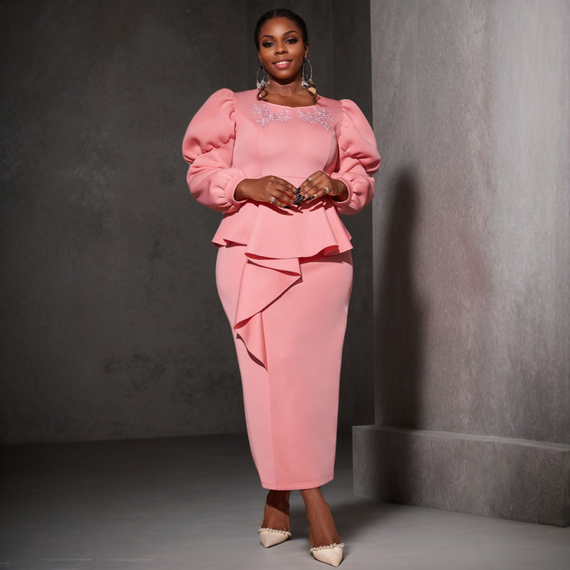 Women elegant embroidered lantern sleeve Formal Party ruffle dresses