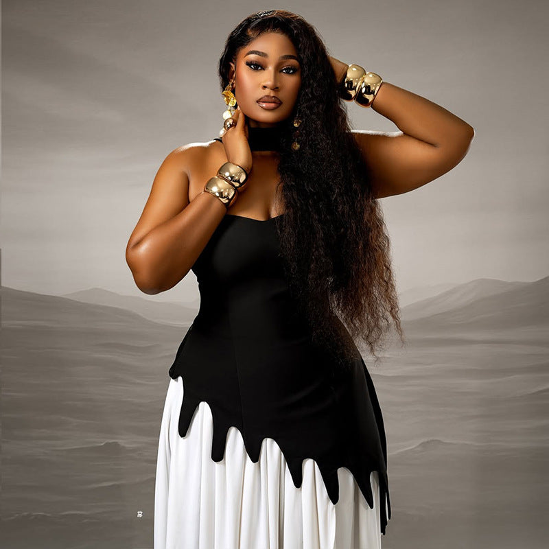 Women contrast color Patchwork Strapless asymmetric dress