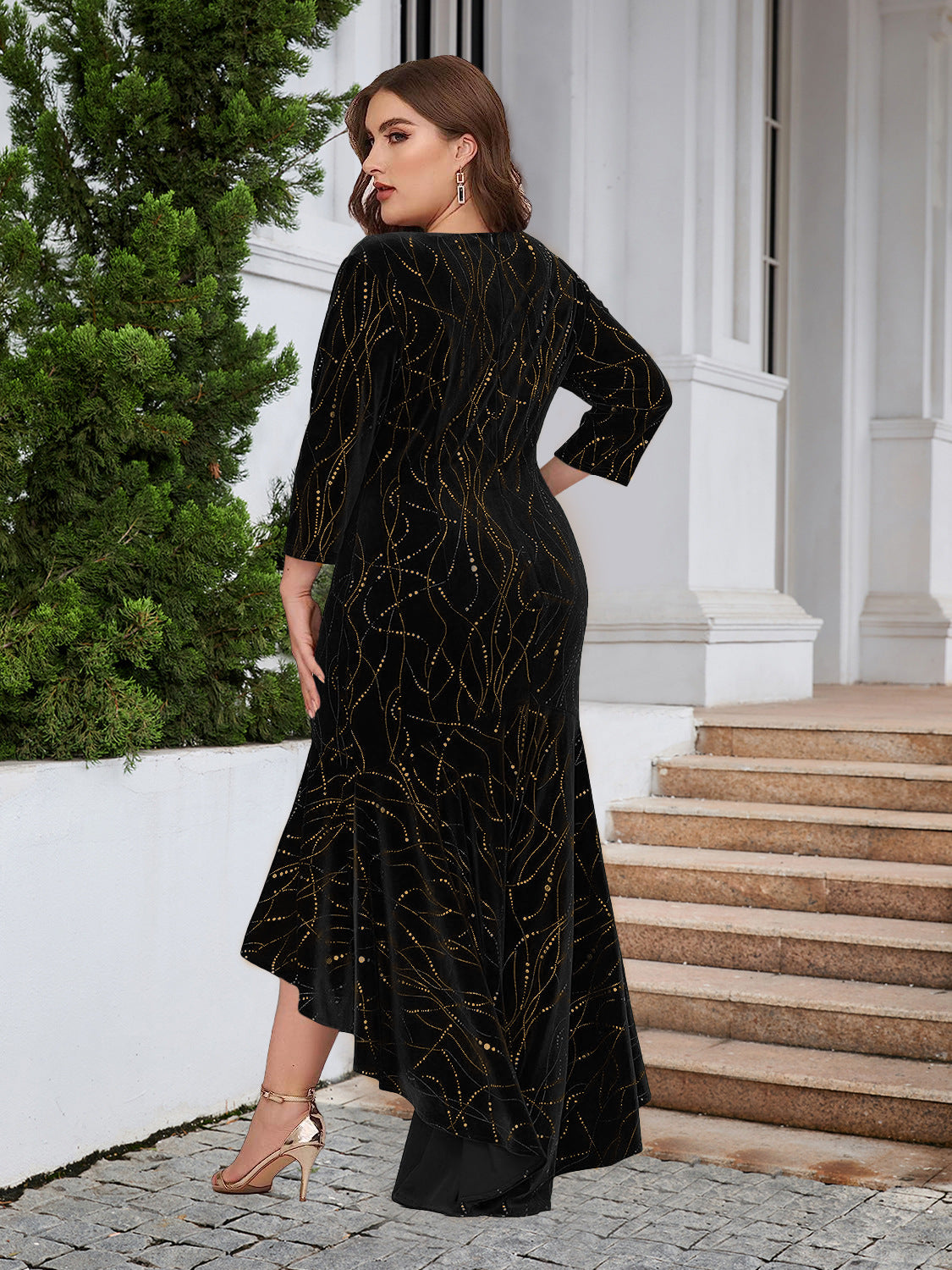 Women's Plus Size Three Quarter Sleeve Mermaid High Low Hem Long Velvet Formal dress 22