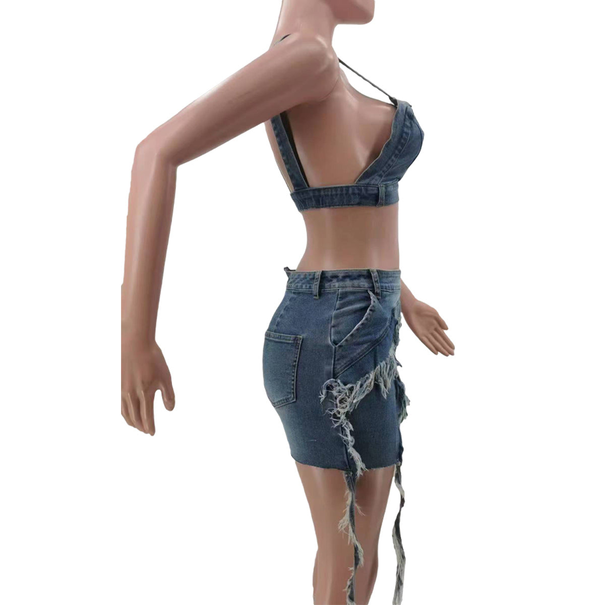 Women Summer Style Tassel Top and Skirt Elastic Denim Two-piece Set 11
