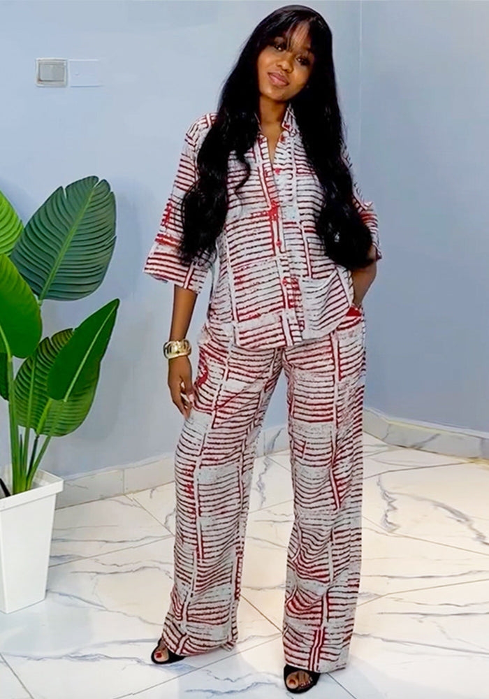 Women's Summer Printed Three-Quarter Sleeve Shirt & Loose Top Trousers Set