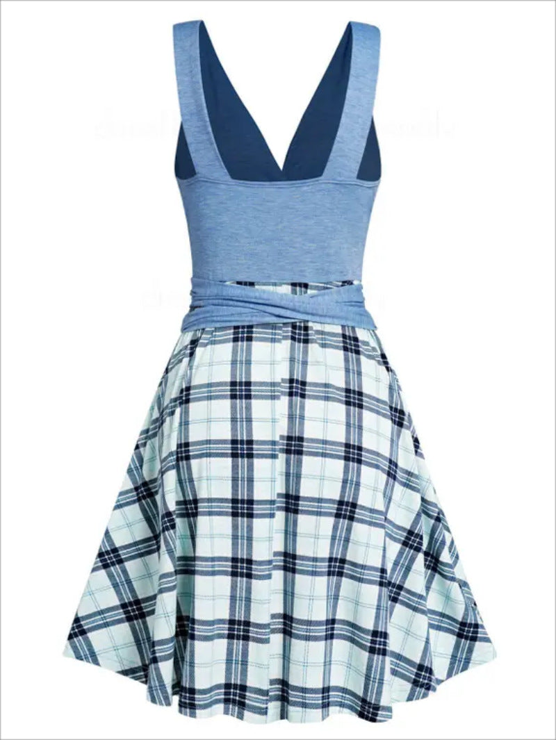 Plus Size Women Deep V Plaid Patchwork Loose Dress 6