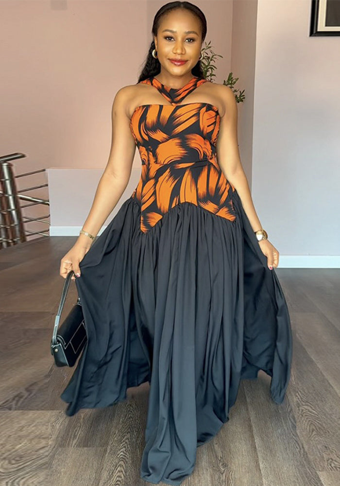 Women summer v-neck sleeveless printed pleated dress