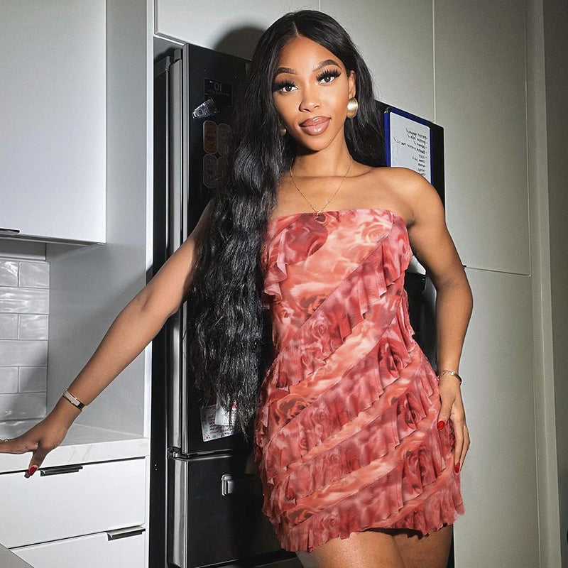 Women's Spring/Summer Flounce Mesh Strapless Mini Rose Print Bodycon Dress 17