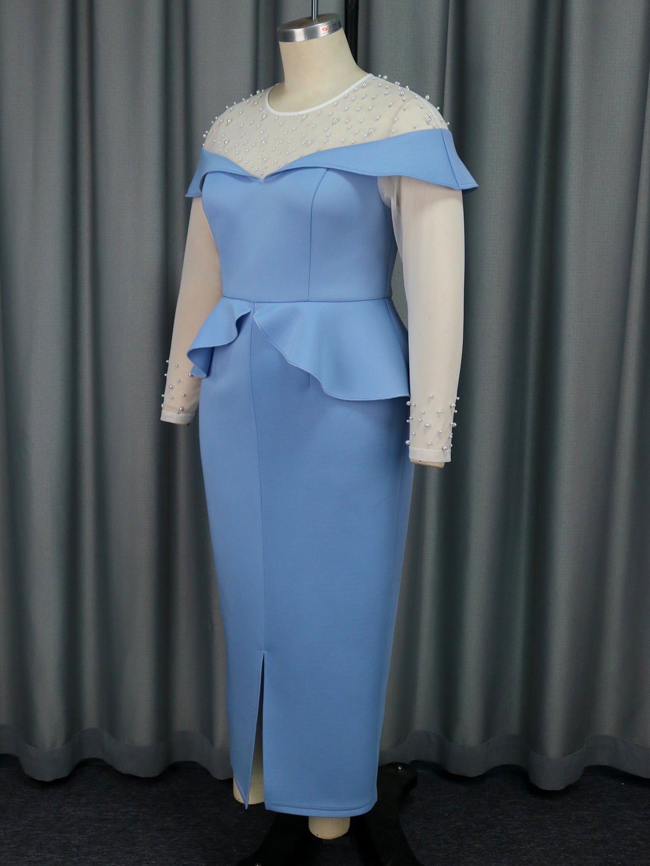 Elegant Beaded See-Through Long Sleeve Peplum Formal Party Dress 3