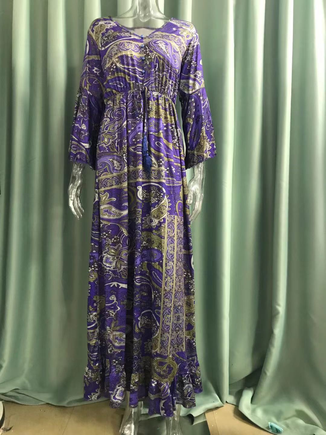 Women Boho Bell Bottom Sleeve Printed V Neck Holidays Maxi Dress 25