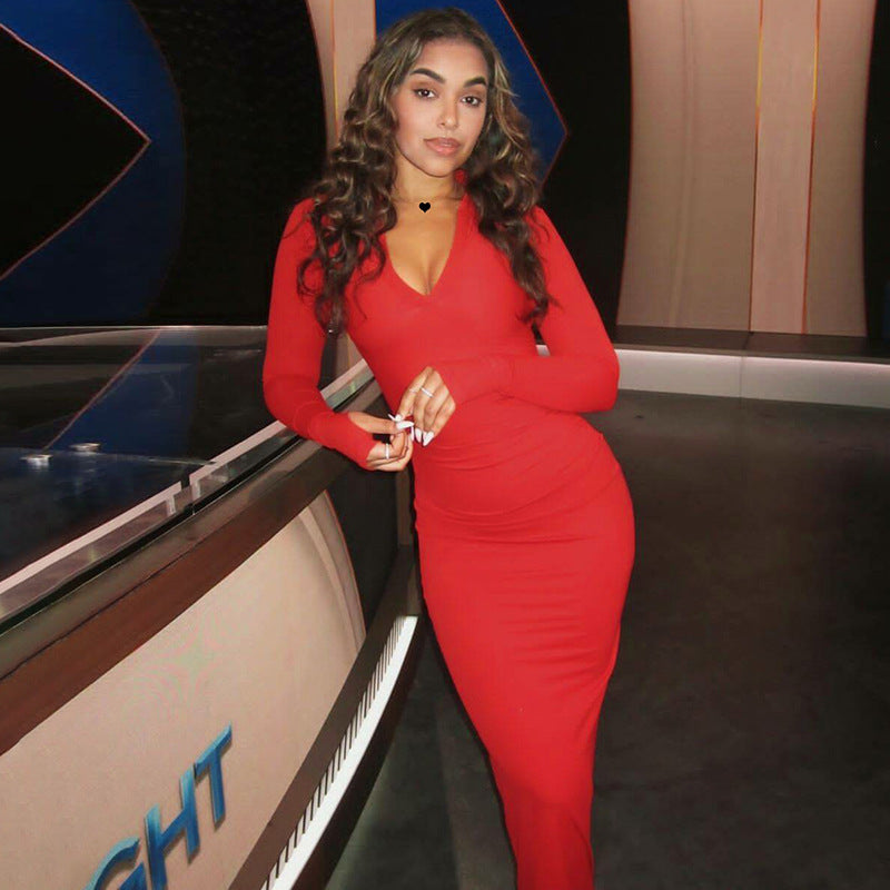 Women's autumn fashion sexy Turndown Collar long sleeve slim midi dress 9